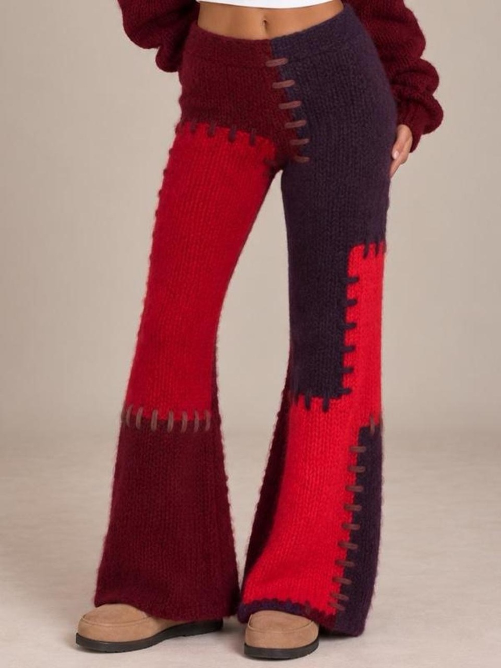 SAACHI Colorblock Knit Flare Pants in Red & Plum